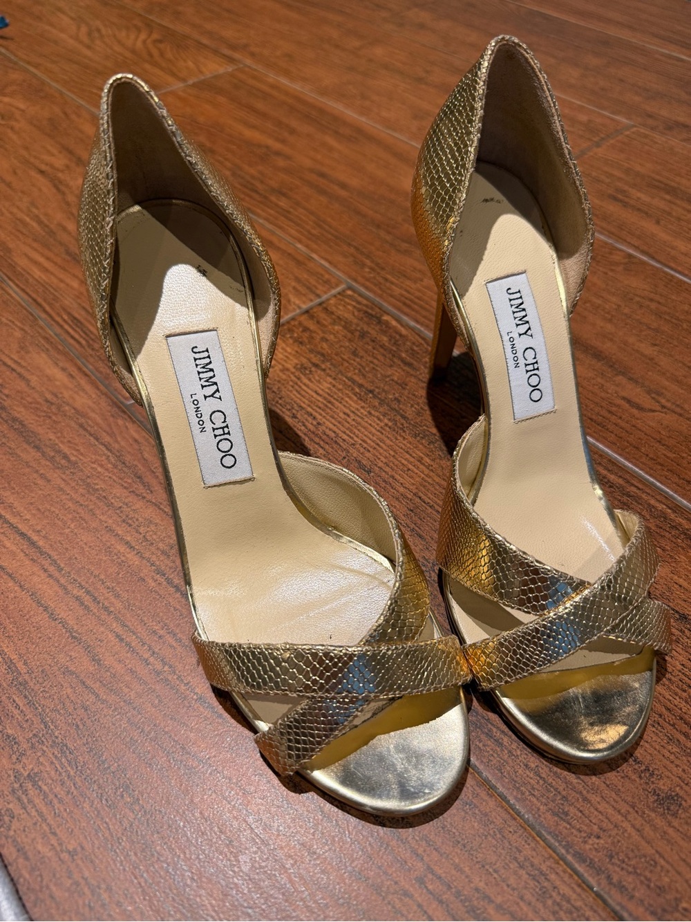 Jimmy Choo Gold Metallic Snake-Embossed D'Orsay Heels
